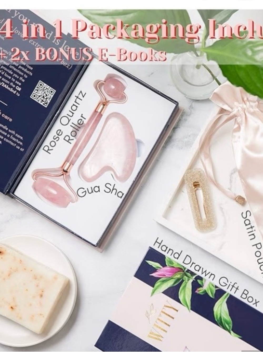 Rose Quartz Roller Gua Sha at home spa day set, new in box, facials, relaxation